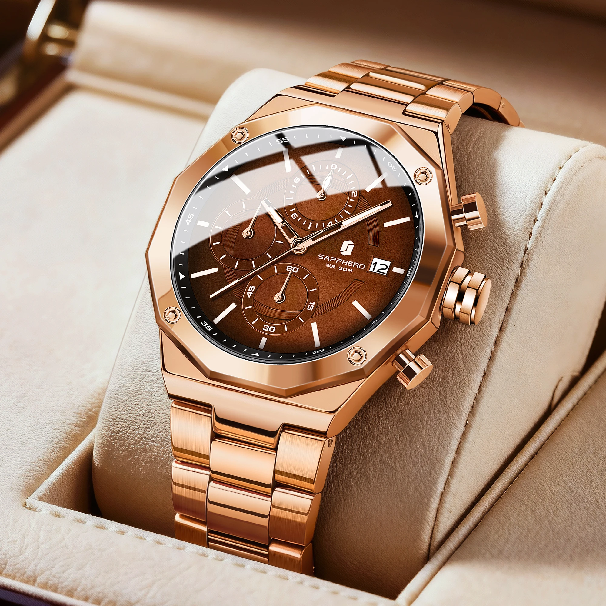 

SAPPHERO Розовое золото мужские часы модные роскошные часы нержавеющая сталь 50 м водонепроницаемые часы для мужчин новогодние подарки