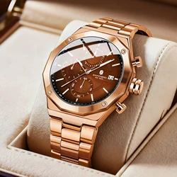 SAPPHERO Rose Gold Men Watch Fashion Luxury Clock Stainless Steel Watch 50m Water Resistance Watch For Men New Year Gifts