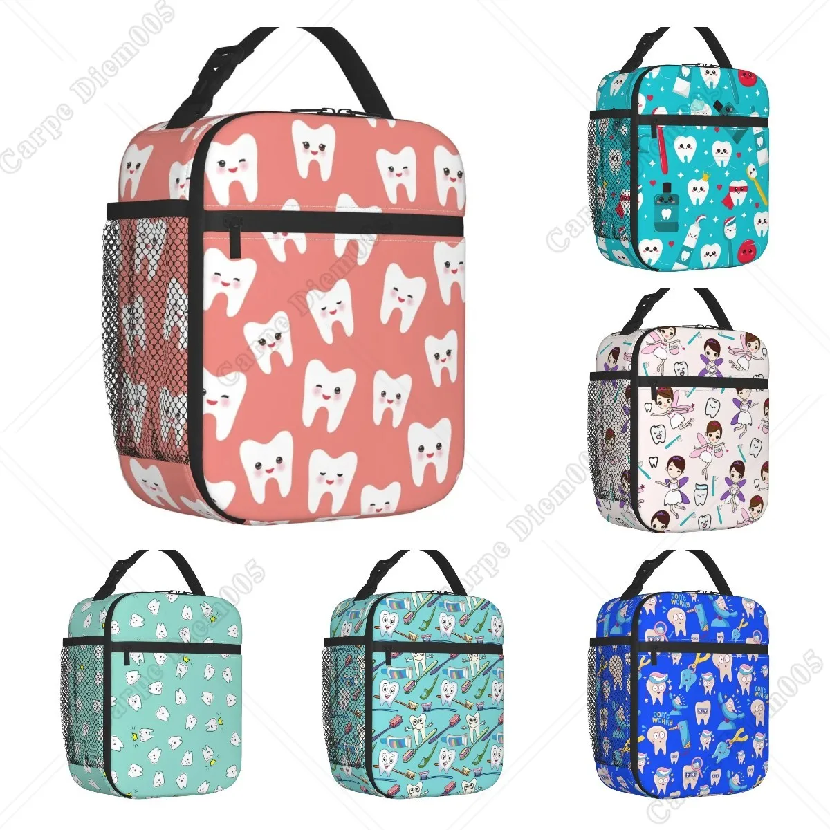 

White Teeth With Funny Faces Insulated Lunch Bag for Women Resuable Dentist Tooth Thermal Cooler Lunch Box Office Work School