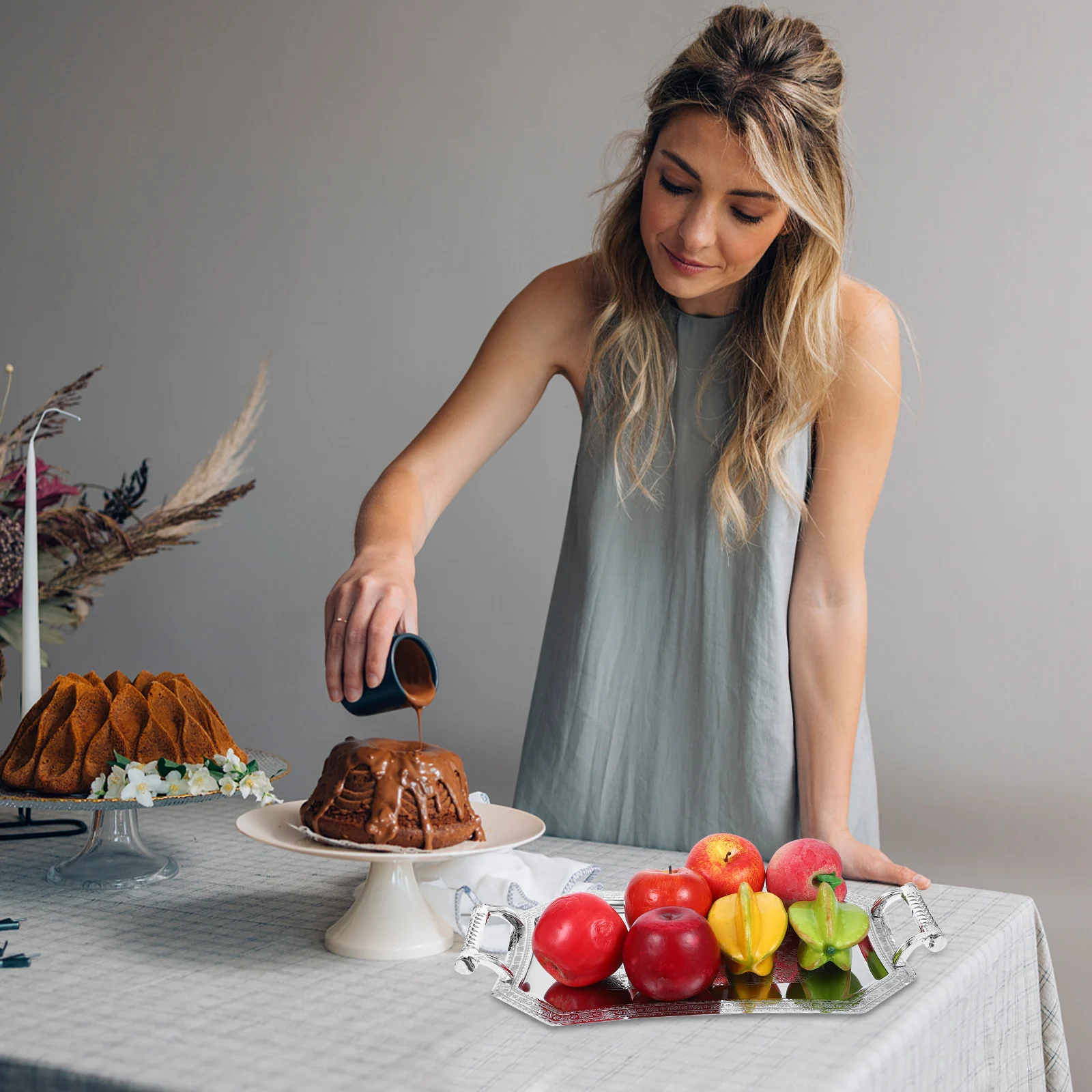 

Premium Metal Serving Tray with Handles Vintage Look for Tea Party Coffee Table Fruit and Treats Presentation Silver Tray