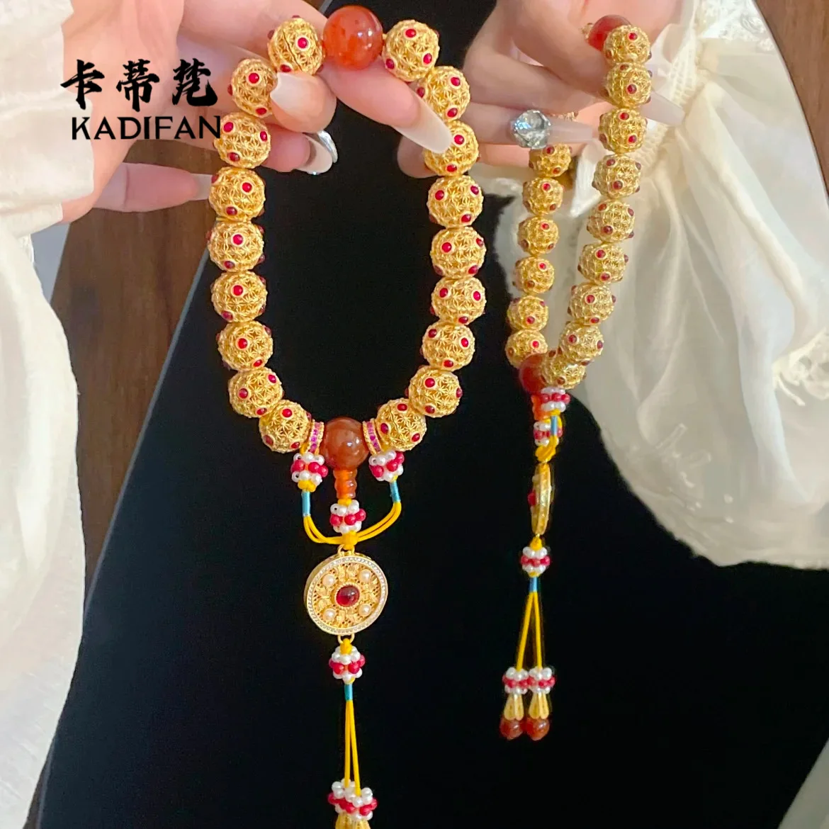 

High-end design 9999 24K real gold ancient method gold engraved hollow filament inlaid with pine flowers eighteen bead strings