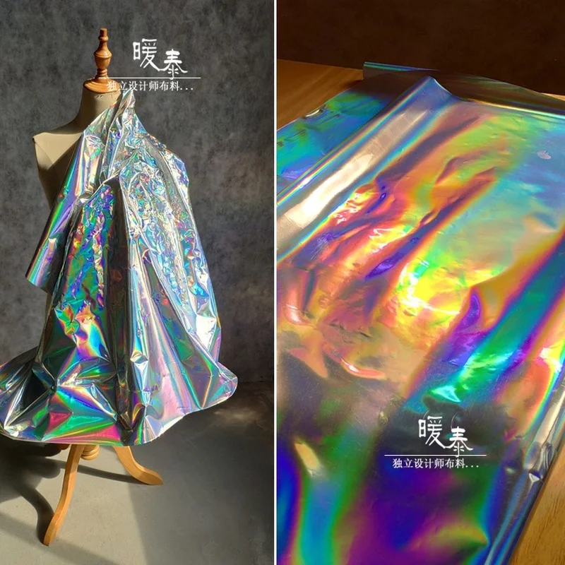 

TPU Fabric Silver Rainbow Reflective PVC Waterproof DIY Raincoat Coat Bag Props Plastic Decor Clothes Designer Fabric