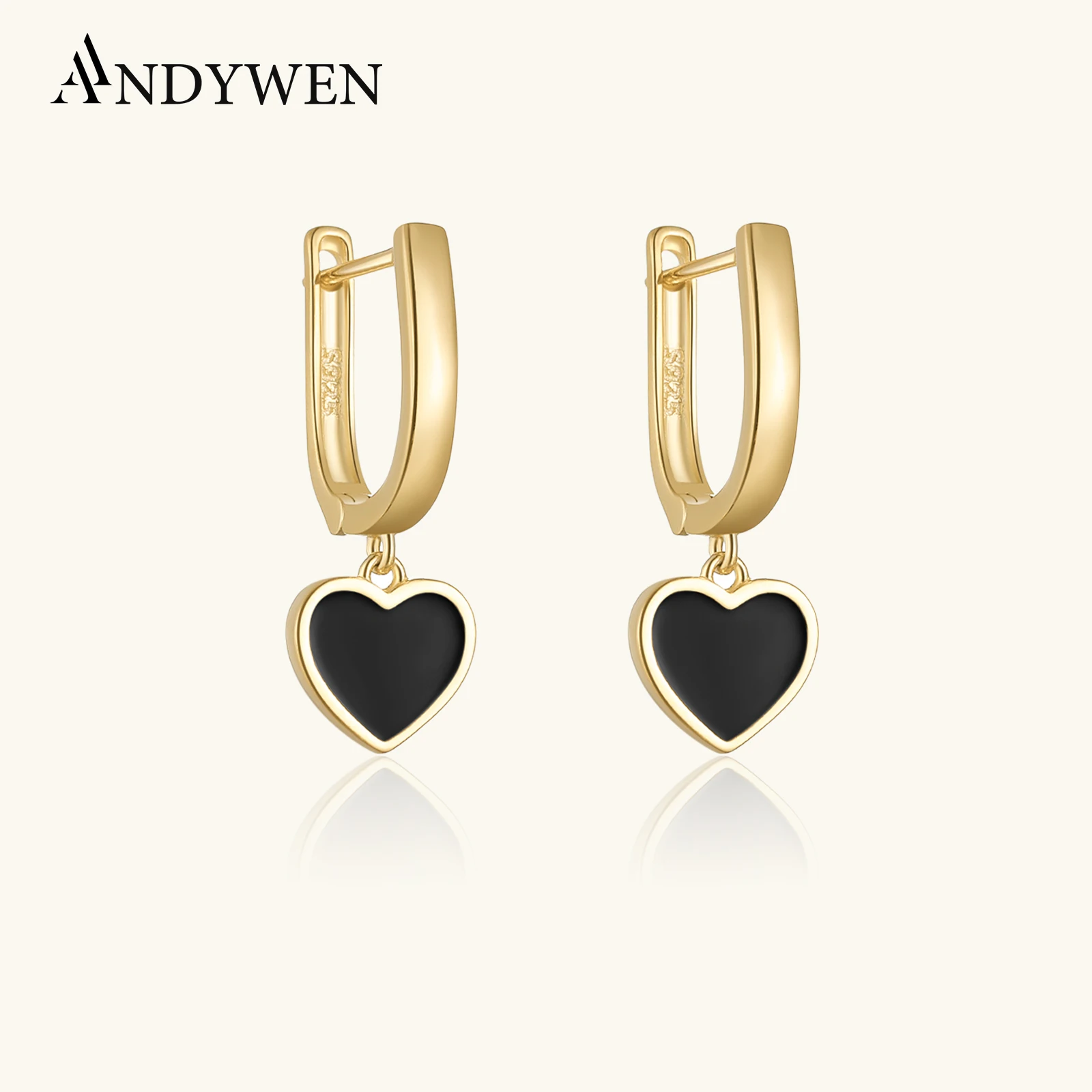 

ANDYWEN 925 Sterling Silver Gold Black Enamel Glue Heart Drop Earring Clips Piercing Pendientes Luxury Fine Jewelry Gift