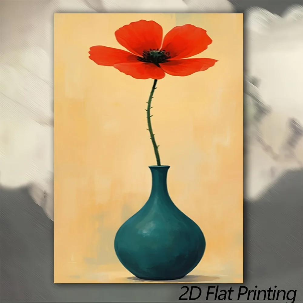 (No frame)2D Flat, 1pc Canvas Painting, Red Poppy in Teal Vase Wall Art, Yellow Background Print, Minimalist Floral Decor, El