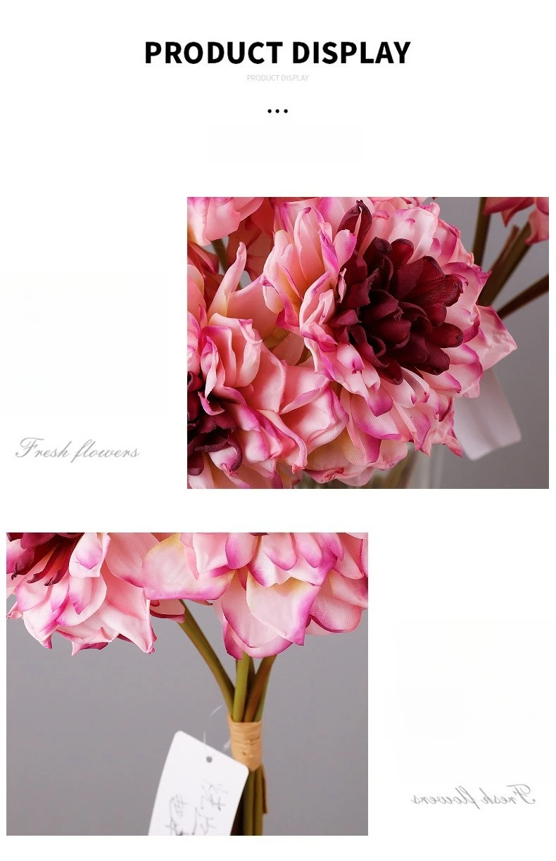 5 Stück künstliche 7-Köpfige Dahlien-Blumensträuße, Hochzeitsrosa Blumen, Auditorium-Dekoration, Simulierte Dahlien mit verbranntem Rand, Kunstblumen – Detail 6