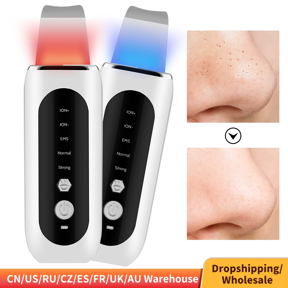 Ultrasonic Face Skin Scrubber Skin Shoveling EMS Micro-current Ion Import Facial Skin Lift Pore Clean Red Blue Light Beauty Tool