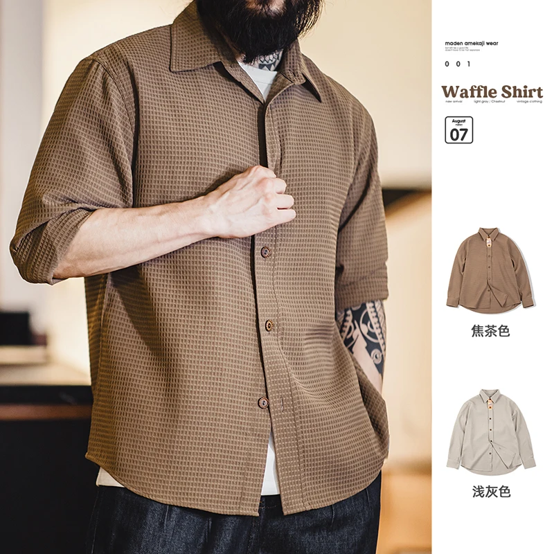 Maden Vintage Wrinkle-resistant Waffle Shirts Men's Solid Color Loose Fit Long Sleeve Button Down Shirt Going Out Camp Tops