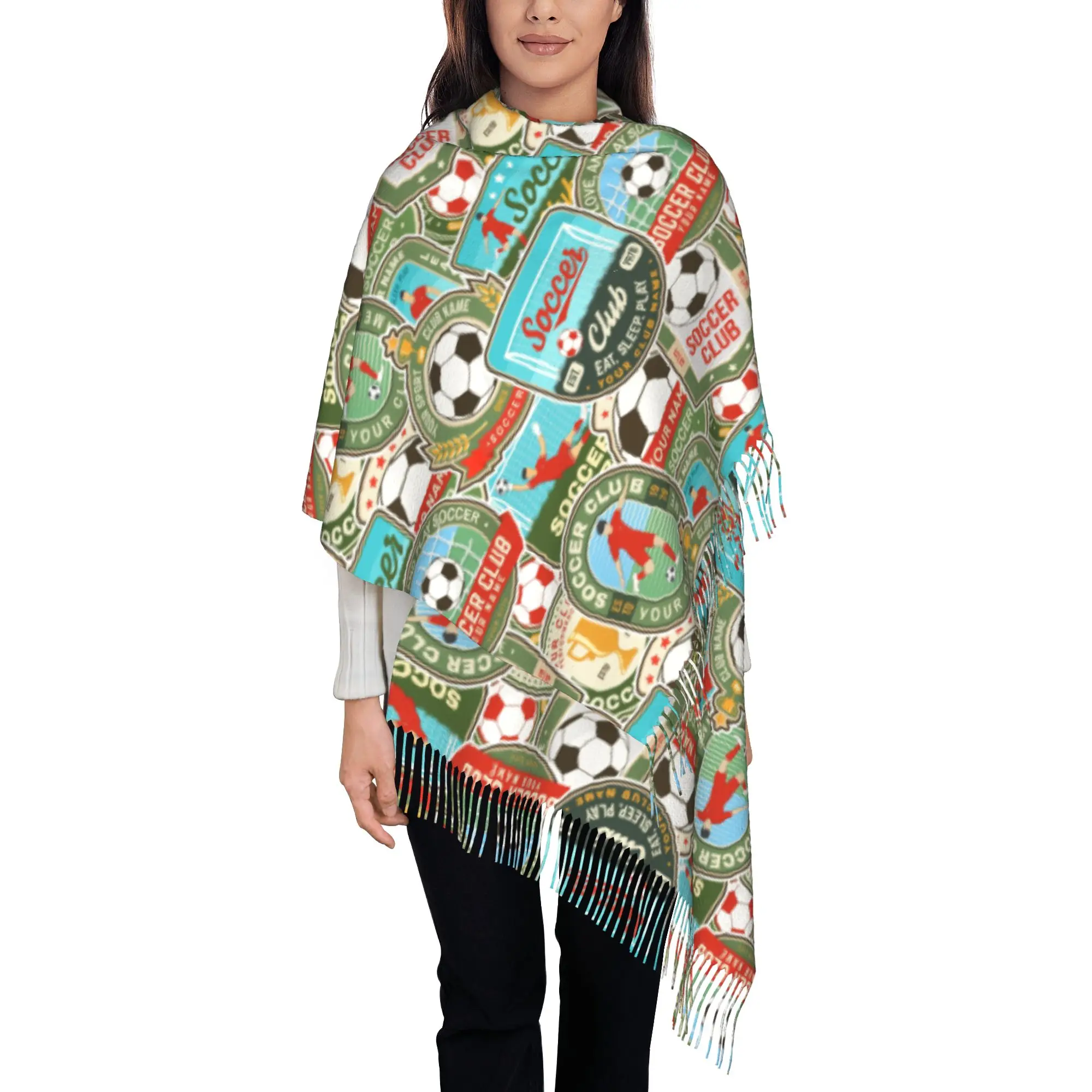 Custom Vintage Soccer Badge Seamless Print Tassel Scarf Women Winter Warm Shawl Wrap Female  Scarves
