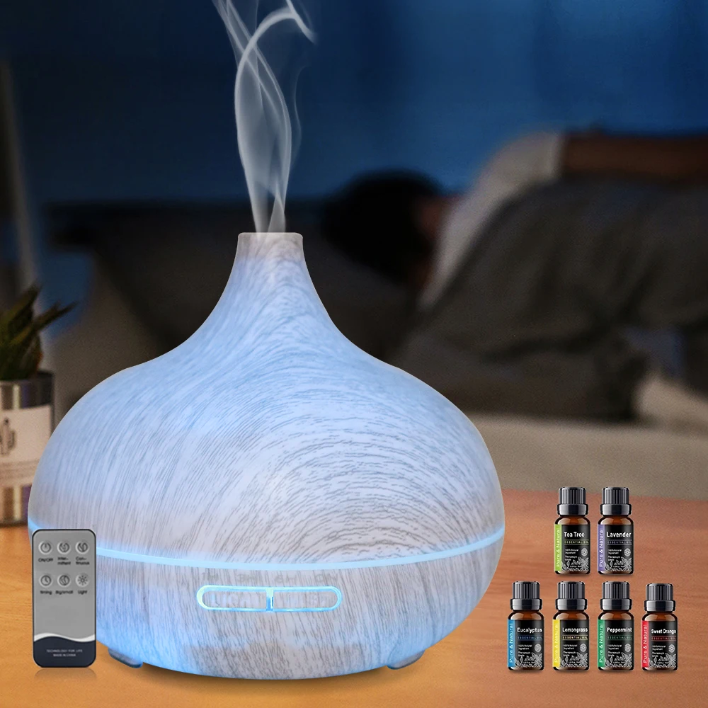 

Wood Grain Aromatherapy Diffuser 550ml Ultrasonic Humidifier, Remote Control & 6 Luxury Oils Silent Operation for Relaxation &