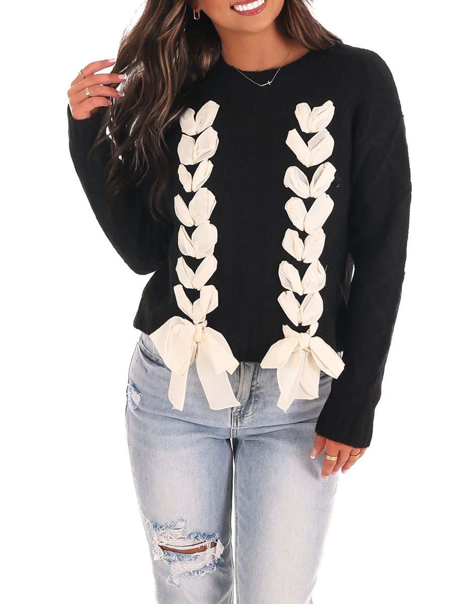 Pull ras du cou à manches longues avec nœud papillon pour femme, pull en tricot au crochet, pull en tricot mignon, tricots roses, Y2K