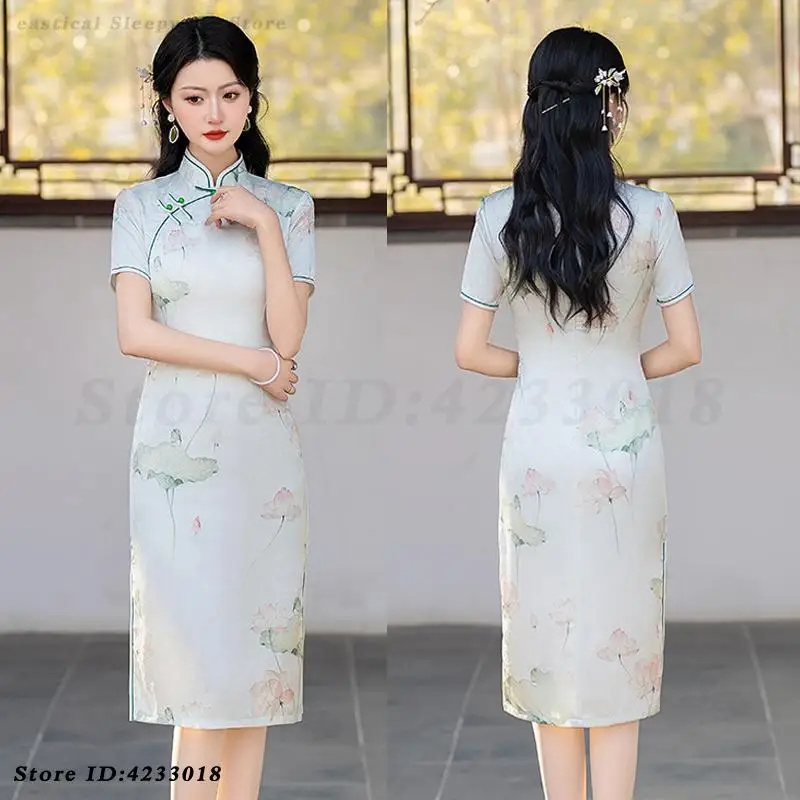 Girl's Artistic Elegant Cheongsam Retro Improved New Chinese Style Dress Summer Short Sleeved Slit Qipao Party Gentle 3XL Gown