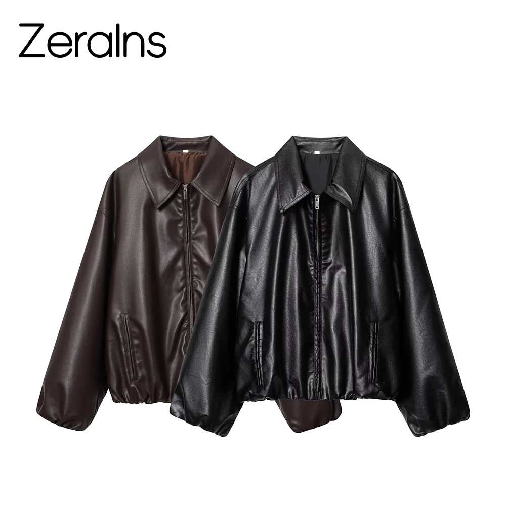 

ZERAINS European and American style 2025 winter new product women's loose faux leather pilot collar jacket jacket