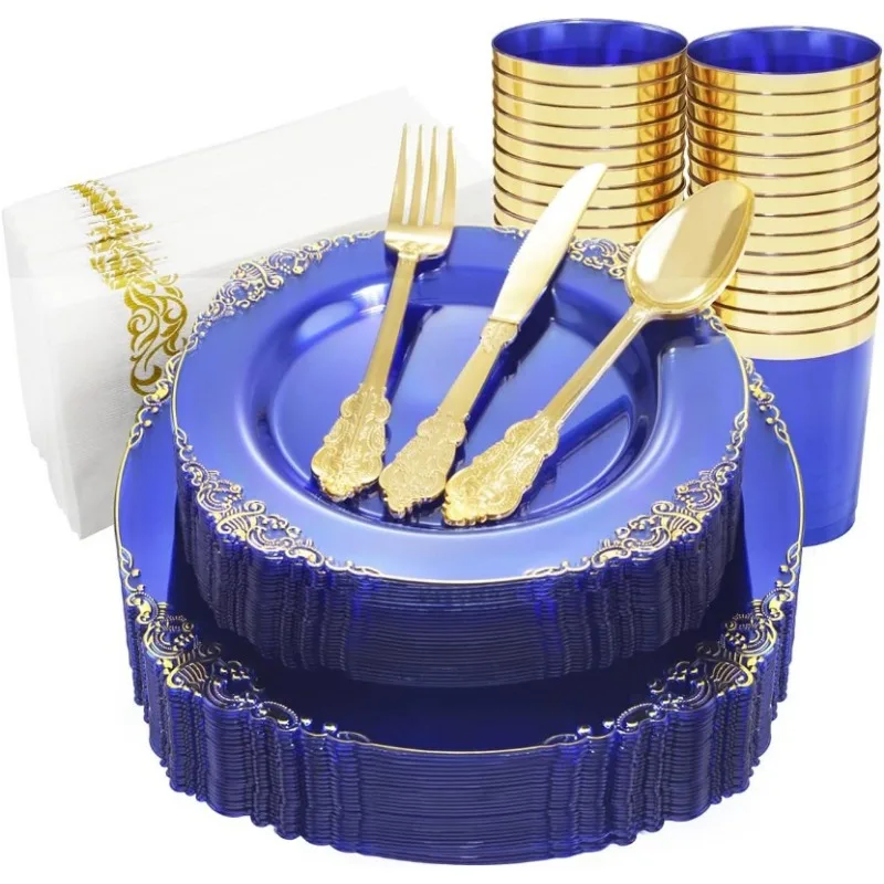 

Plastic Plates Sets Include Dinner Plates,Dessert Plates, Cups, Forks, Knives,Spoons,Napkins for Weddings & Party Dinner Plates