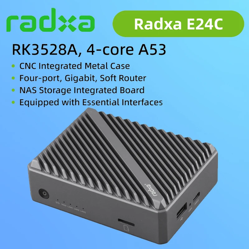 

Radxa E24C - Rockchip RK3528A Quad-Core A53 4x GbE USB-C Power 4 Gigabit Ethernet LPDDR4/SD Support, Single Board