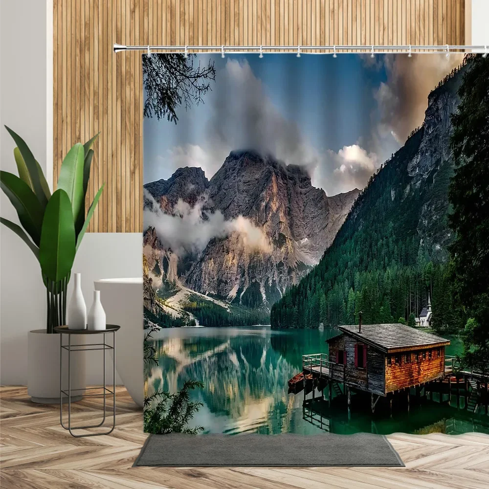 European Natural Scenery Shower Curtain Lake Mountain Forest Wooden House Landscape Bathroom Curtains Home Bathtub Screen Decor