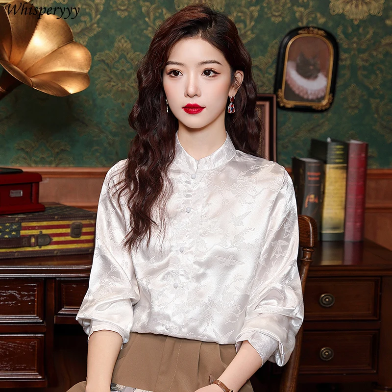 Retro Stand-up Collar Satin Long-sleeved Shirt Women's Casual Blusas De Elegantes Spring Autumn New Cheongsam Style Tops Female