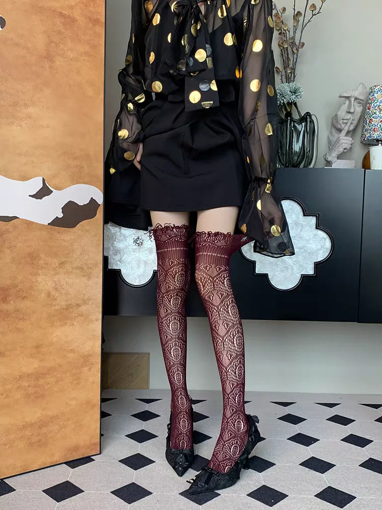 Vintage Woven Fringe Thigh Tight Socks French Style Light Luxury Fashion Wine Red Hollow Jacquard Knee High Stockings