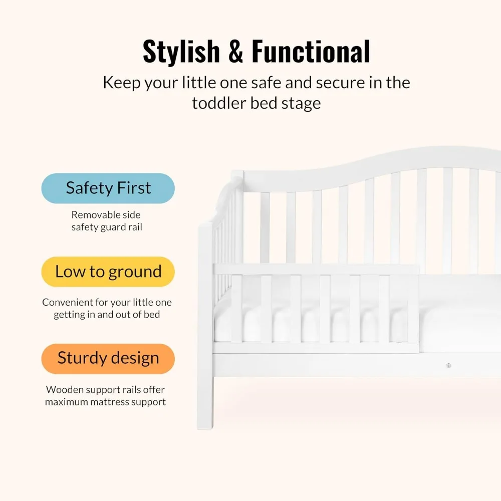 Lit de jour blanc pour tout-petits au sol bas avec rails de sécurité, certifié Greenguard Gold, finitions non toxiques pour enfants de 18 mois à 5 ans