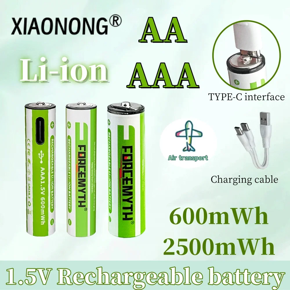 

1.5V No.7 AAA 600mWh Rechargeable Lithium No.5 AA 2500mWh Battery with 2 in 1 USB Charging Cable,Suit for Remote Control Mouse S