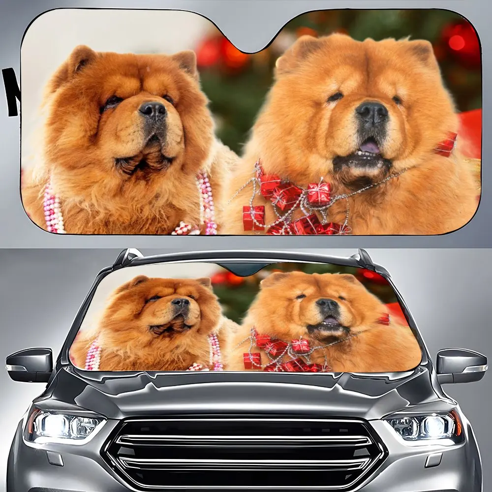 

Chow Wearing Christmas Hats Driving Car Interior Front Windshield Sun Shade, Auto Accessories Sunshade for SUV- Blocks Uv Rays