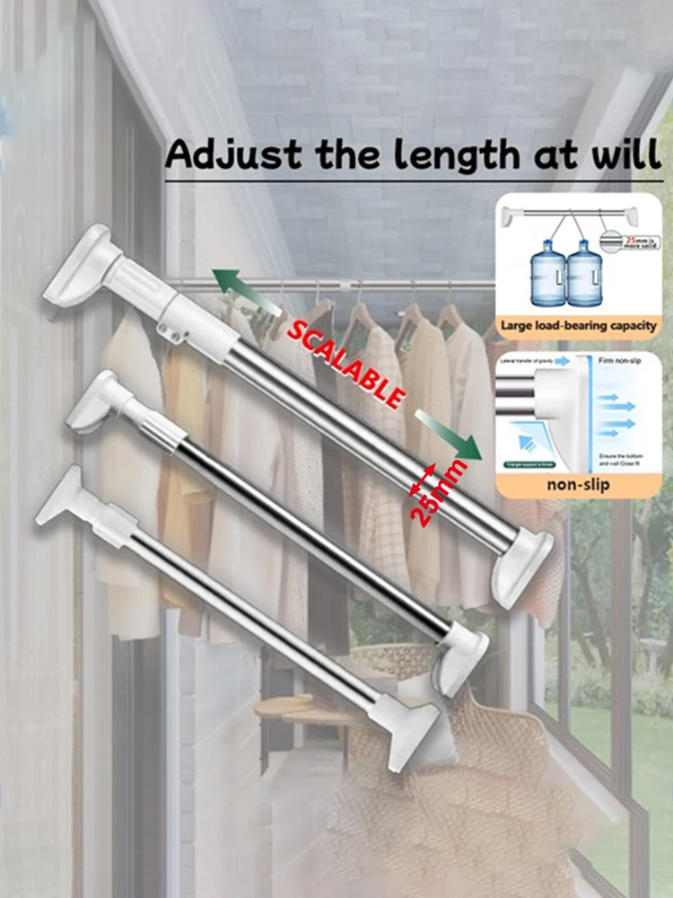 Barre télescopique robuste en acier inoxydable, sans poinçon, réglable, antidérapante, pour séchage et rideau de douche, Installation sans perçage