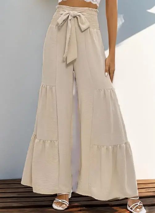 

Women's Pants 2025 Spring Summer New Solid Color Casual Elastic Waist Pants High Waisted Lace Up Loose Flared Pants for Women
