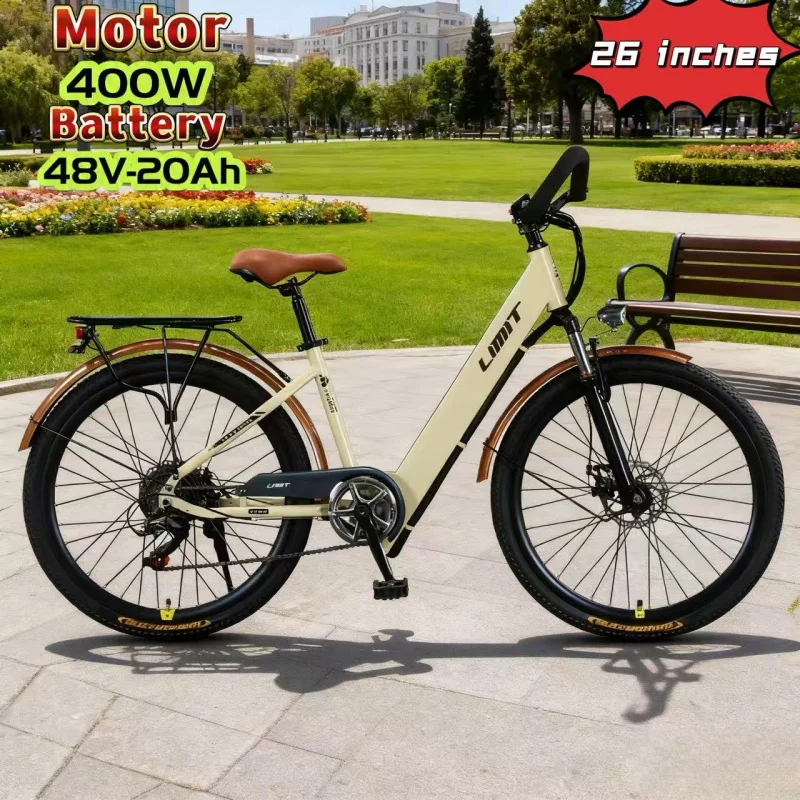 

26-inch E-Bike, 400W brushless motor urban commuter electric bike, 48V20AH lithium battery fashionable electric bike with pedals