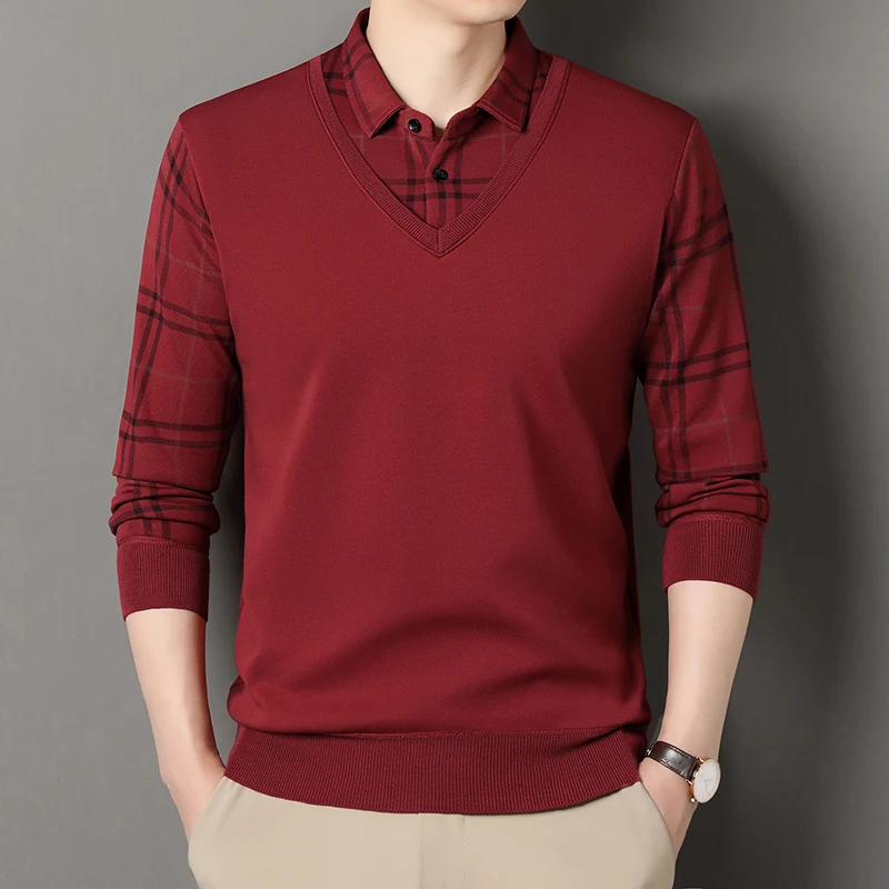 Autumn Winter Mens Fleece Pullover Men\'s Polo Collar Sweater Knitwear Classic Plaid Sweaters Thick Warm Khaki Korean Clothing