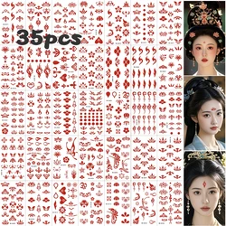 35pcs Red Forehead Print Tattoos Stickers Chinese Style Traditional Hanfu Makeup Eyebrow Decoration Temporary Fake Tattoo Decals