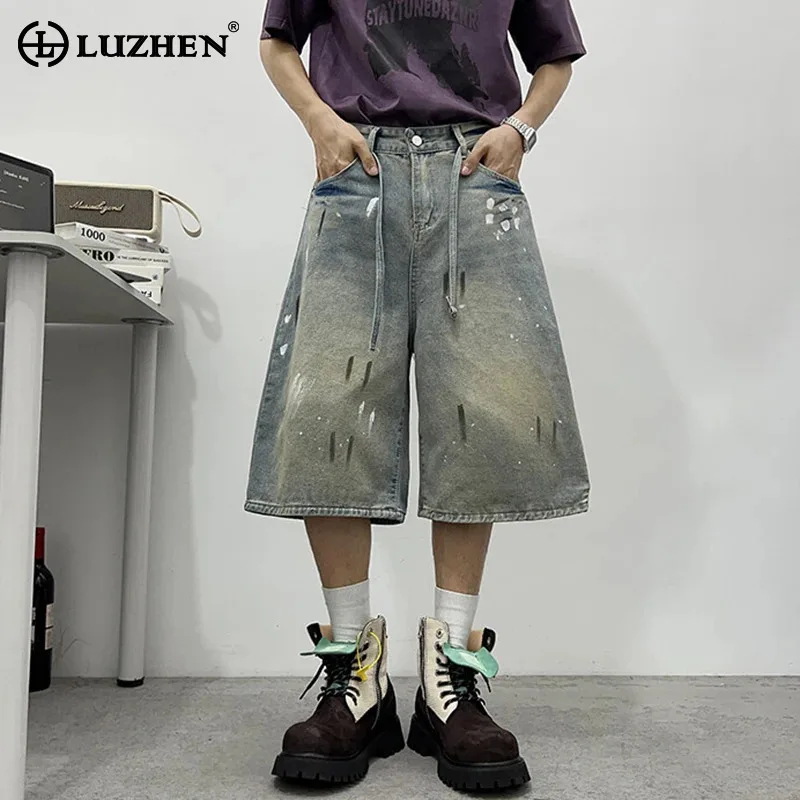 

LUZHEN Original Ink Ejection Printed Vintage Wornout Washed Loose Cropped Denim Pants Men 2025 Summer High Quality Jeans JY3038
