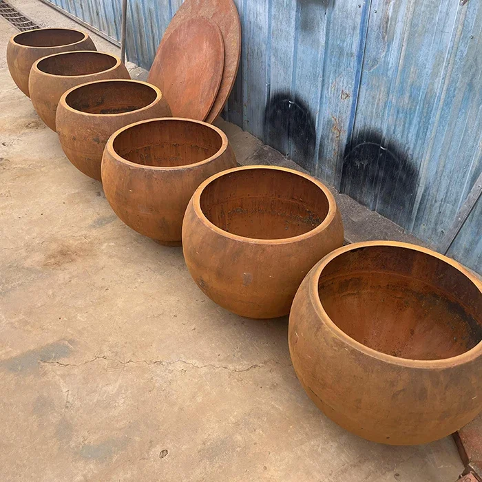 Outdoor corten steel round flower pot rusted metal planter corten flower pot