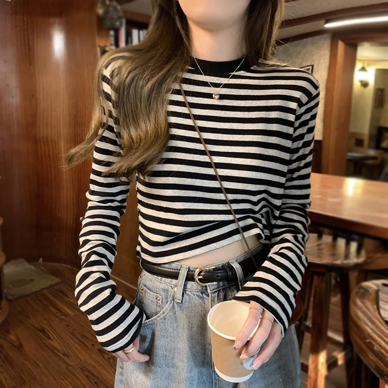 Stripped Print Tops for Women Spring Autumn Long Sleeve Crew Neck Patchwork T Shirt Blouse Sunscreen Clothing