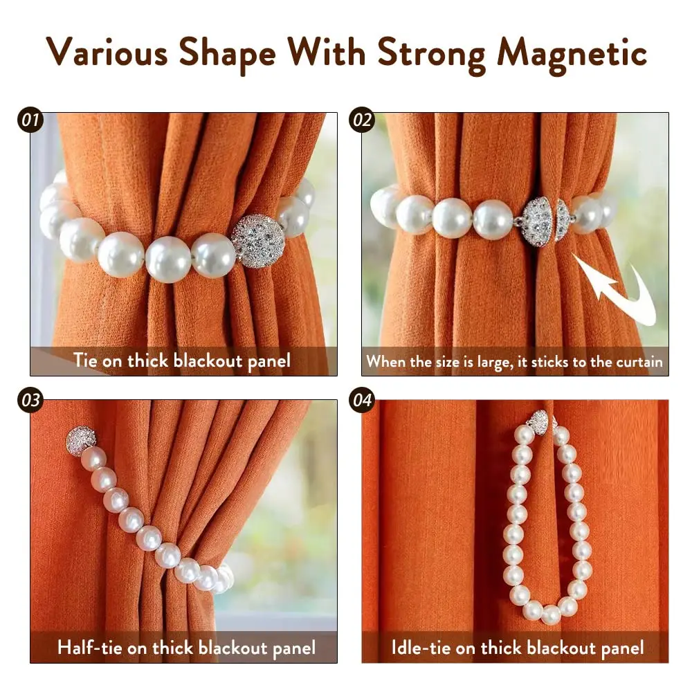 2 Pack Magnetic Elegant Pearl Design Curtain Tiebacks Versatile Curtains Tie Backs for Stylish Room Décor, Nickel-Plated Grip
