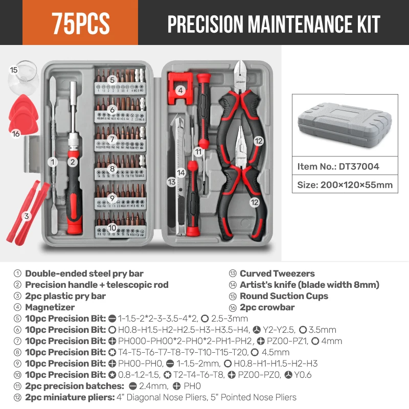 Hi-Spec Multfuction Precision Repair Tool Kit 75PCS S2 Remove Screws Set Metric Auto Repair Hand Tool Set Screwdriver Bit Set