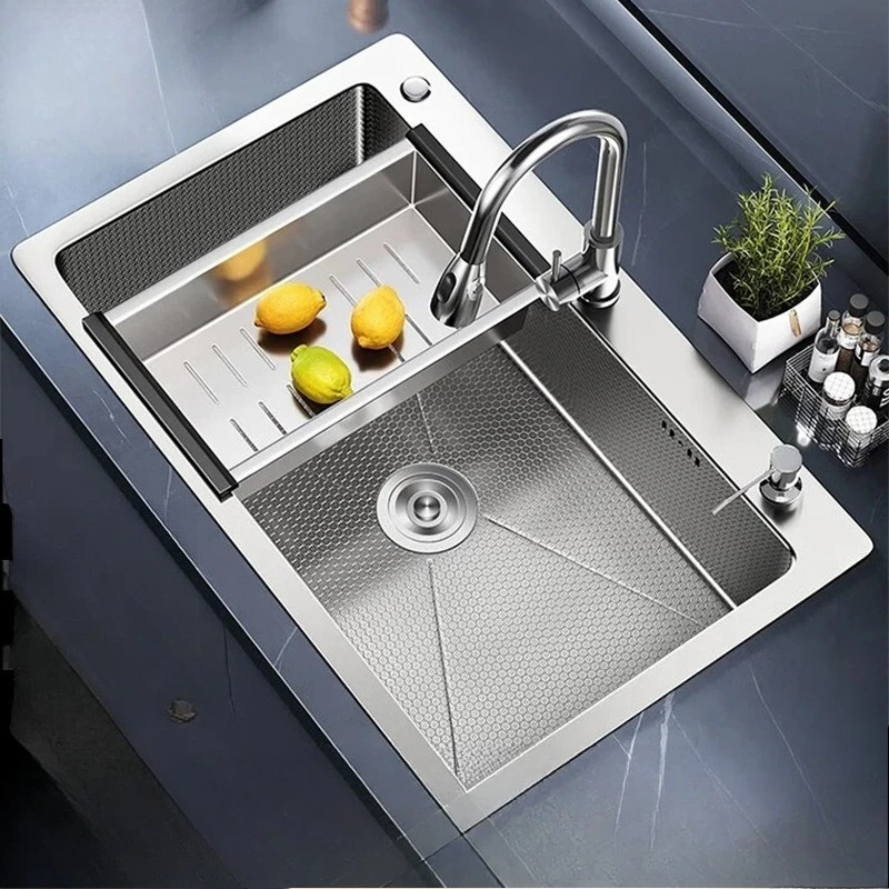 

Embossed Stainless Steel Kitchen Sink Single Bowl Hand Brushed Thick 4mm Deep Basin Builtin Dish Drainer Multifunctional