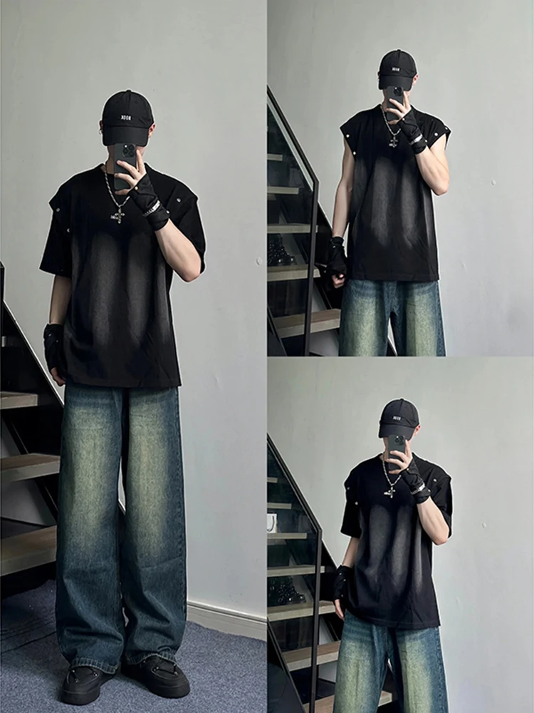 

American Sle Vintage Faded Denim Jeans Men Summer Loose Wide Leg Pants Japanese Sle Retro Oversize Straight Long Trousers