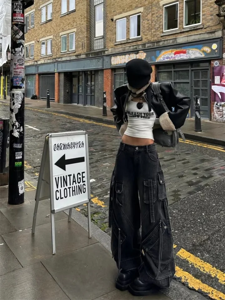 Women's Black Gothic Baggy Cargo Jeans Harajuku Oversize Denim