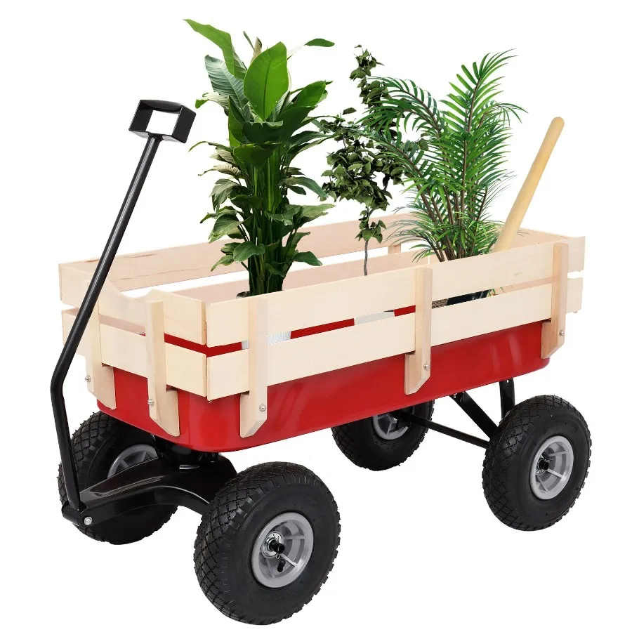 

Garden wagon for outdoor transport, iron frame with wood deck, black finish, heavy-duty four-wheel design for stability and smo