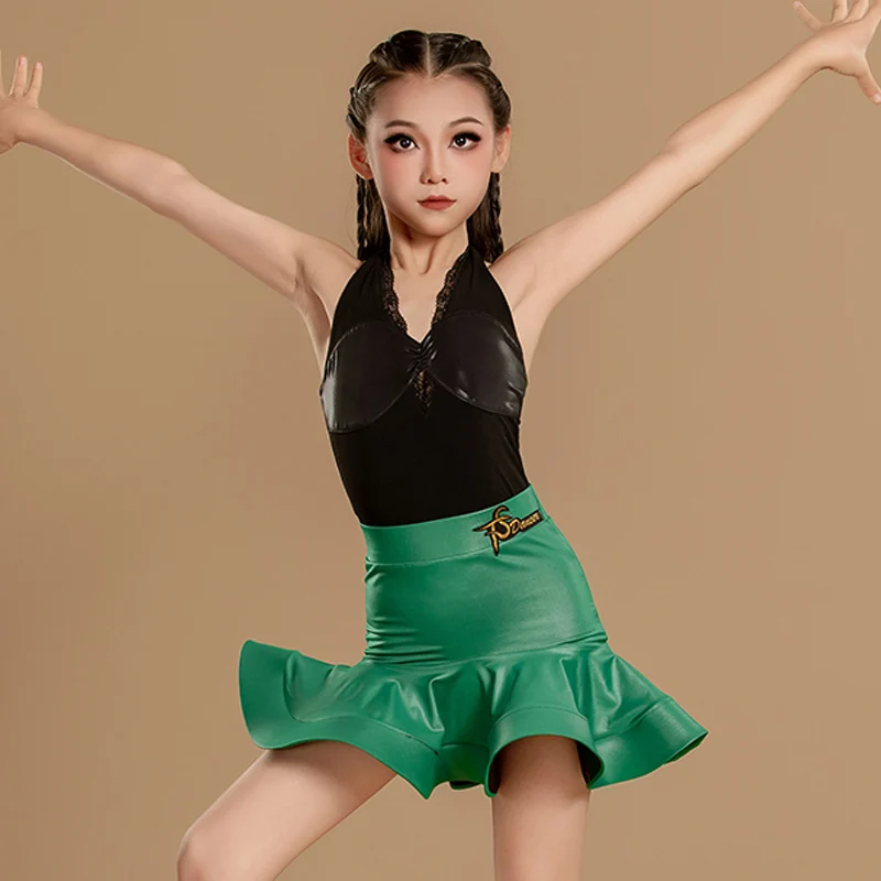 

Girls Latin Dance Clothes Black Tops Green Skirt Kids Cha Cha Rumba Samba Dance Training Practice Clothing Perform Dress BL16272