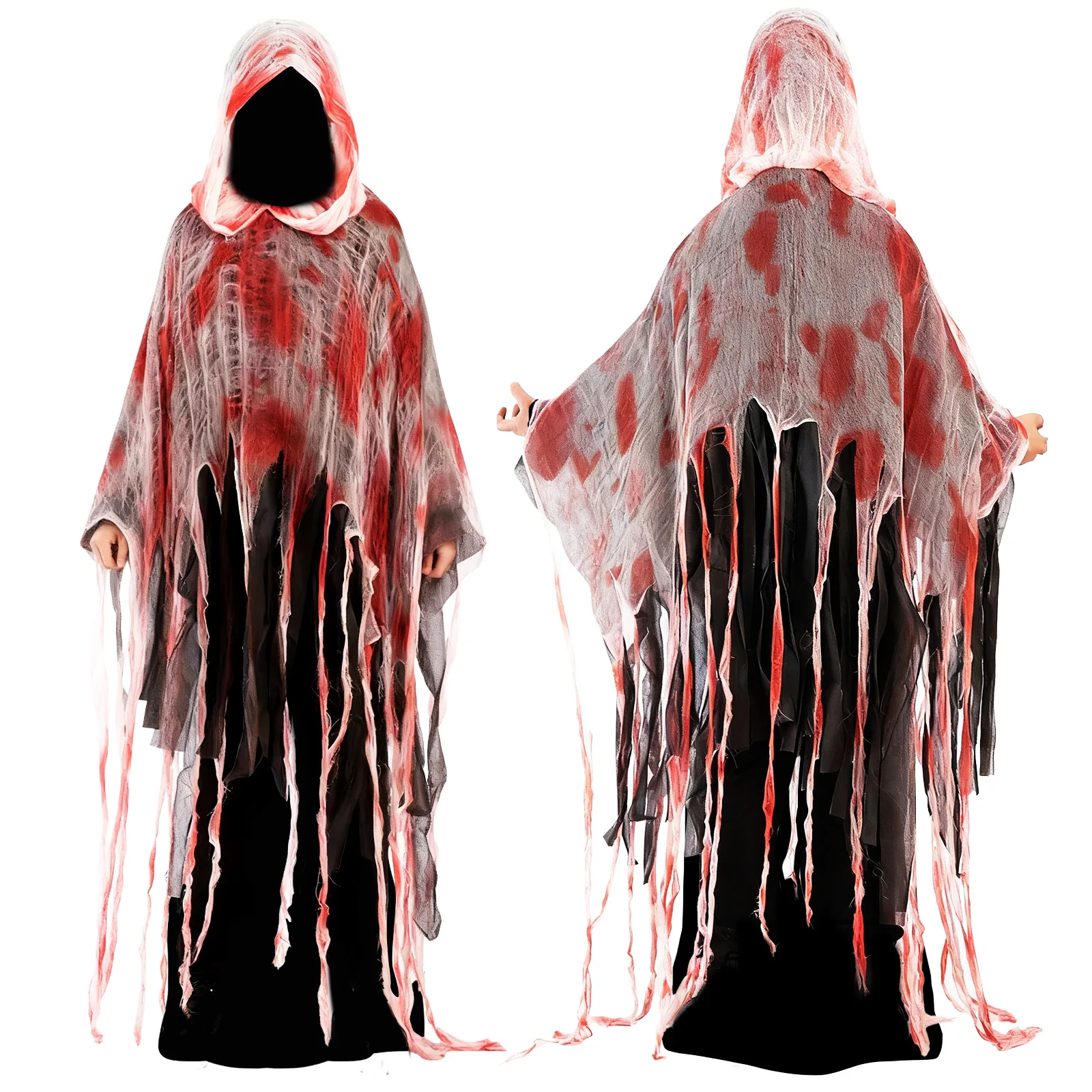 

Halloween Horror Hooded Cloak Scary Ghost Tattered Bloody Robe Medieval Wizard Death Red Cape Vampire Cosplay Costume for Adult