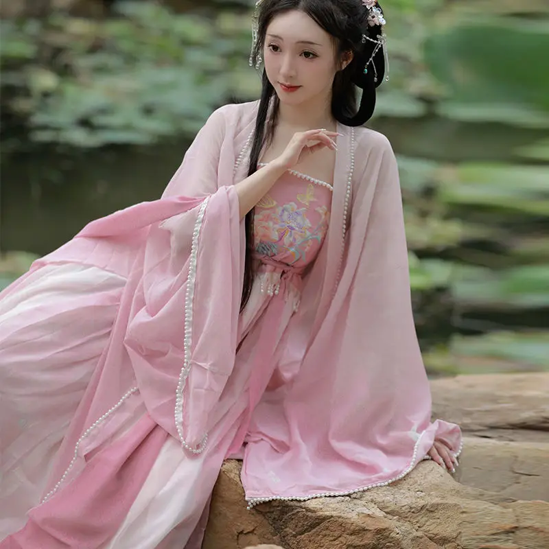 Vestido hanfu estilo chinês para mulheres, conjunto princesa hanfu, doce bordado floral, senhora carnaval, fada cosplay, roupa de dança, vintage