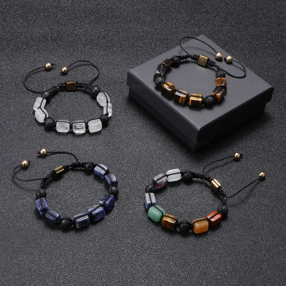 

Natural Stone Beaded Bracelets Men Hand-Woven Rectangular Agate Bracelet Crystal Healing Anxiety Jewellery Meditation Bracelet