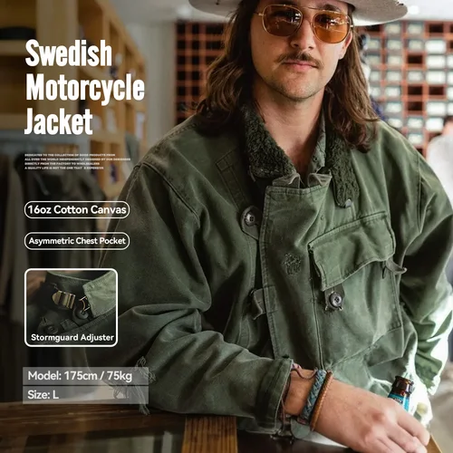 Imagen 1 del producto Maden Retro 16oz lona sueca motocicleta chaqueta verde bolsillo chaqueta Bomber Casual caza trabajo prendas de vestir para hombres primavera y otoño