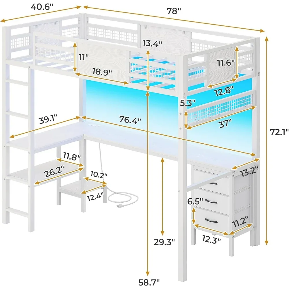 Loft Bed Twin Size with L-Shaped Desk, LED Lights,Charging Station, Twin Metal Loft Bed Frame with Fabric Drawers & Shelve