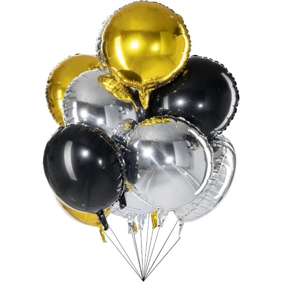 18 balões de hélio mylar redondos de folha preta, dourada e prateada para decorações de festa elegantes, pacote de 30 perfeito para aniversário, casamento e