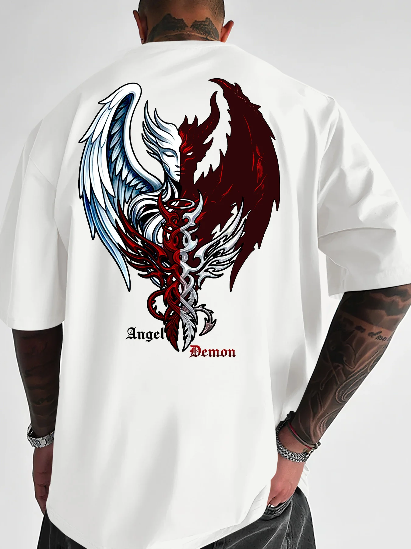 Men's Streetwear T-Shirt Angel Demon Half Face Graphic Print Crew Neck Short Sleeve Polyester Tops with 