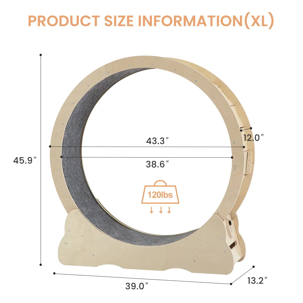 Katzen-Übungsrad – Laufband für den Innenbereich mit Teppichgleis, Sicherheitsriegel, gewichtetes Rad, Naturholz, 43,3" L x 13,2" B x 45,9" H.
