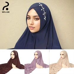 Marineblaue Instant-Hijabs für Frauen, solides, weiches muslimisches Turban-Kopftuch mit Diamanten, islamisches Damen-Stirnband, Schalwickel, RIMAIRE