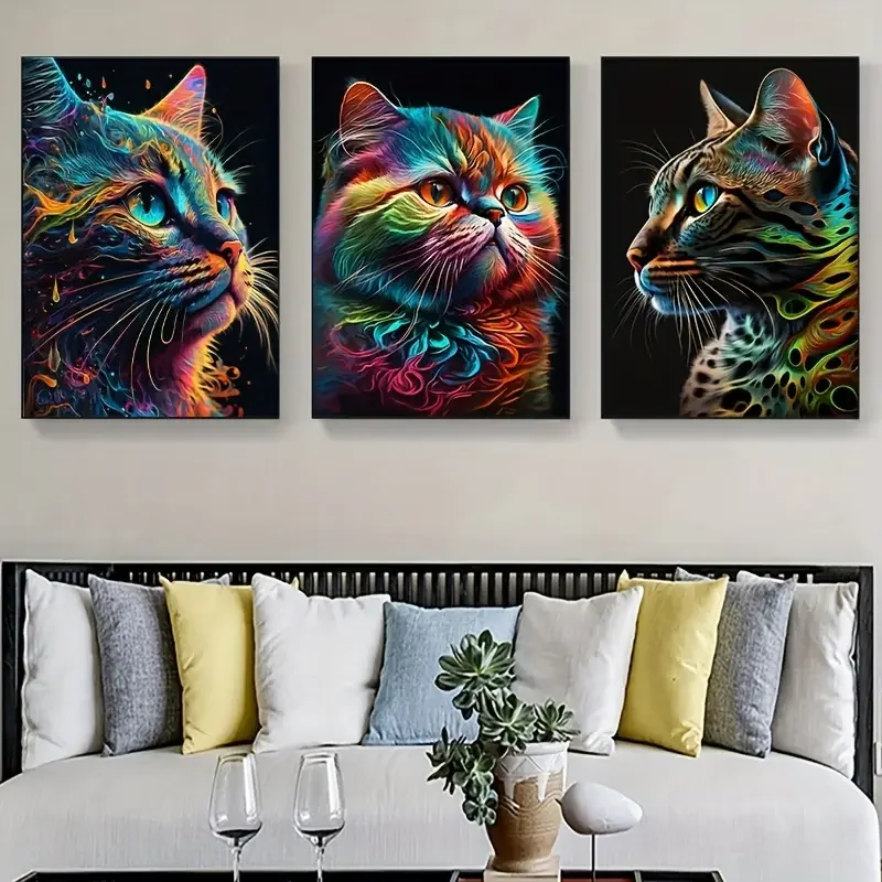 3 Piece Colorful Cat Canvas Wall Art Set, Frameless, Modern Exotic Shorthair Feline Paintings, Living Room Decor, No Electricity