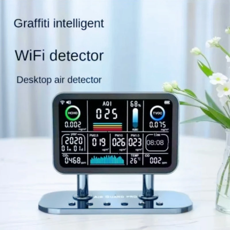 أحدث التطبيق الذكي على الجدران لسطح المكتب المنزلي يتحكم في الفورمالديهايد PM2.5 أول أكسيد الكربون كاشف الهواء الداخلي متعدد الوظائف